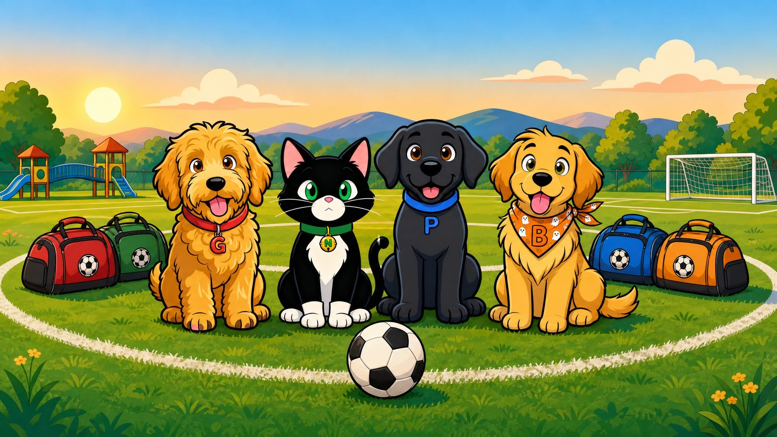 Gully, Nevy, Porty, and Bronco sitting together on the soccer field at sunset